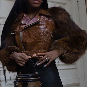 Women’s Crocodile Textured Jacket with Faux Fur Sleeves
